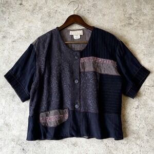 Spencer Alexis Vintage Patchwork Top Button Up Mixed Media Boho Navy Blue size 8